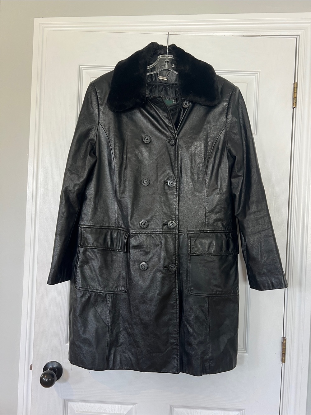 Danier Black Leather Double-Breasted Coat with Faux Fur Collar - Picture 1 of 6